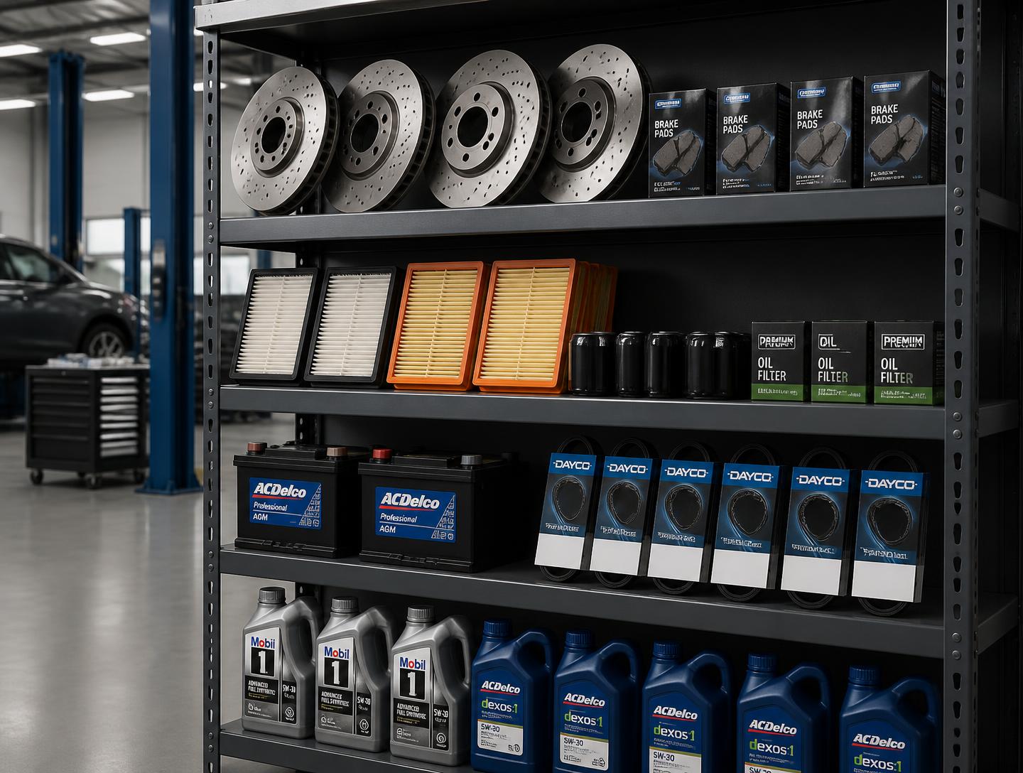 Shelves of quality auto parts: brake rotors, filters, batteries, belts and motor oil